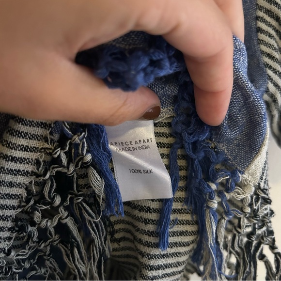 Apiece Apart Navy Blue White Stripe Top Boho Fringe Silk Contrast Short Sleeve - Picture 6 of 8